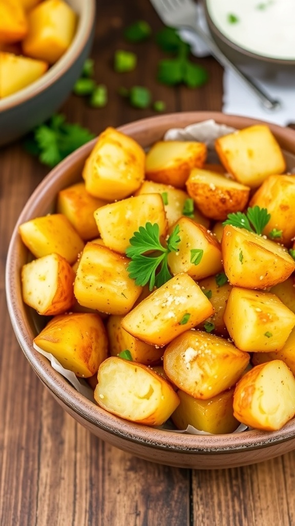Crispy air fryer ranch potatoes in a bowl, garnished with parsley on a wooden table.